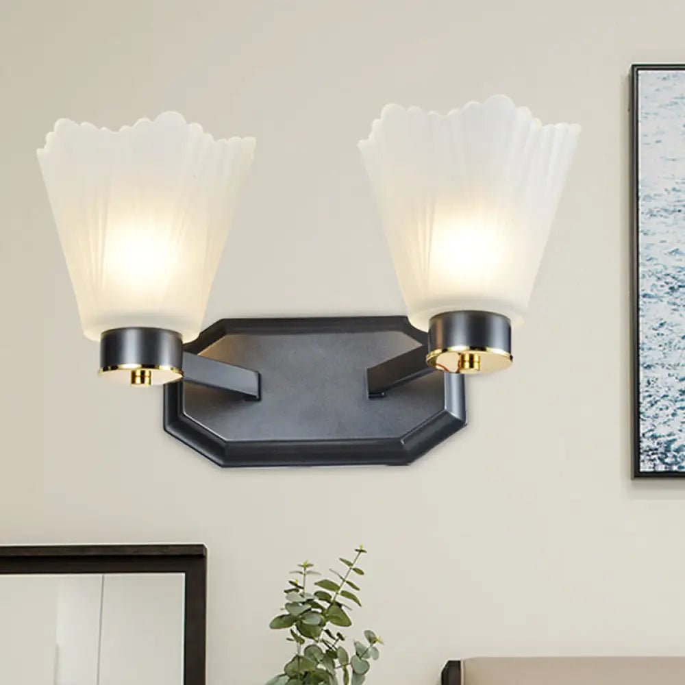 Retro Tapered Milk Glass Wall Light With Metal Straight Arm - Black Finish Perfect For Living Room