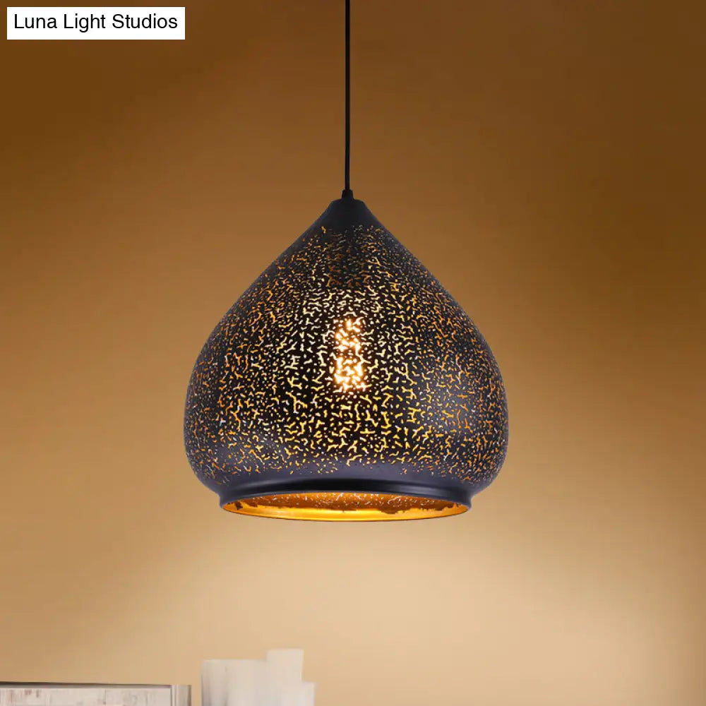 Retro Teardrop Iron Hanging Lamp: Hollowed-Out Design Black 8/12 Width