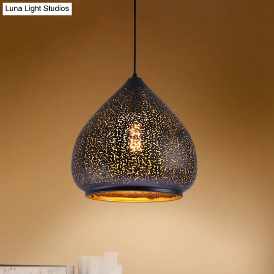 Retro Teardrop Iron Hanging Lamp: Hollowed-Out Design Black 8/12 Width