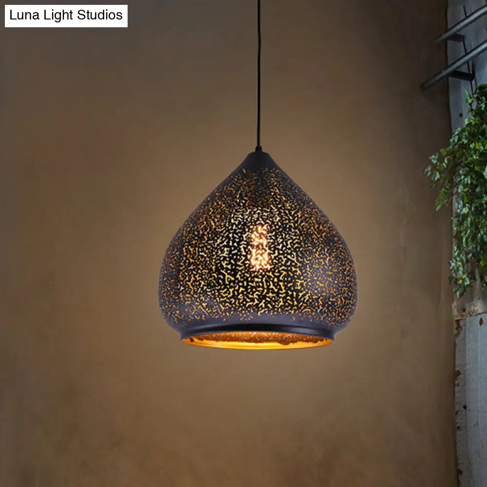 Retro Teardrop Iron Hanging Lamp: Hollowed-Out Design Black 8/12 Width