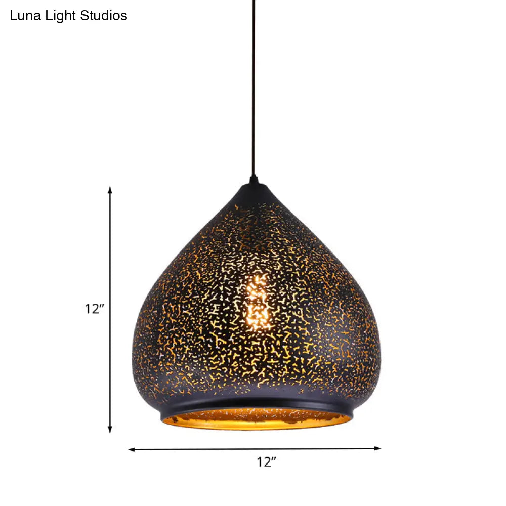 Retro Teardrop Iron Hanging Lamp: Hollowed-Out Design Black 8/12 Width