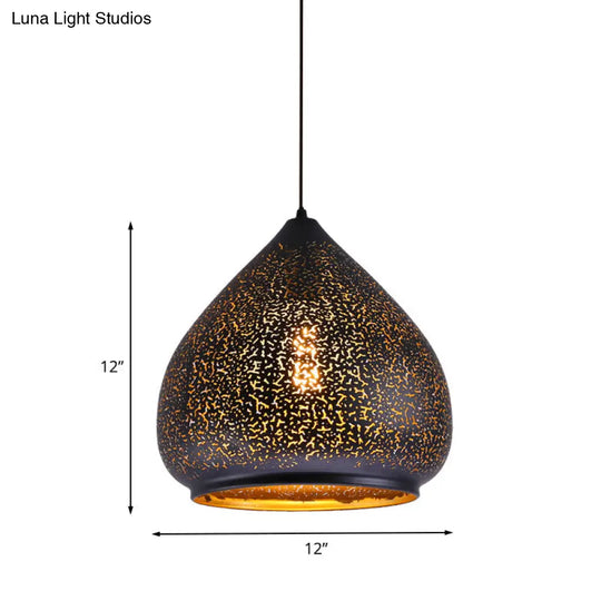 Retro Teardrop Iron Hanging Lamp: Hollowed-Out Design Black 8/12 Width