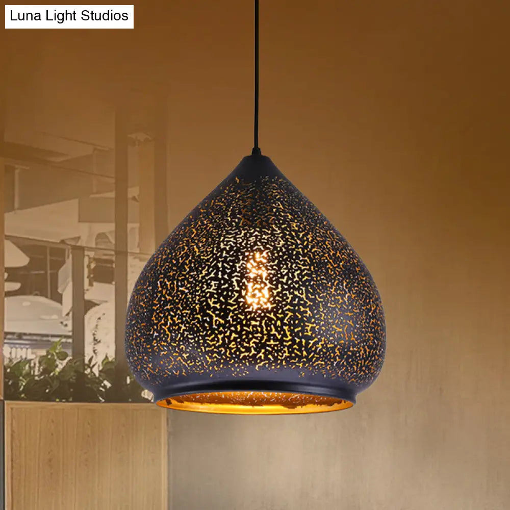 Retro Teardrop Iron Hanging Lamp: Hollowed-Out Design Black 8/12 Width