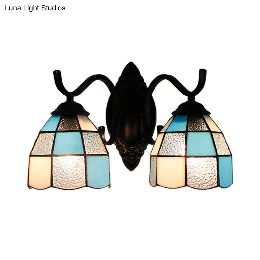 Retro Tiffany Stained Glass Wall Lamp - 2-Head Bedroom Mount Light In Blue/Orange