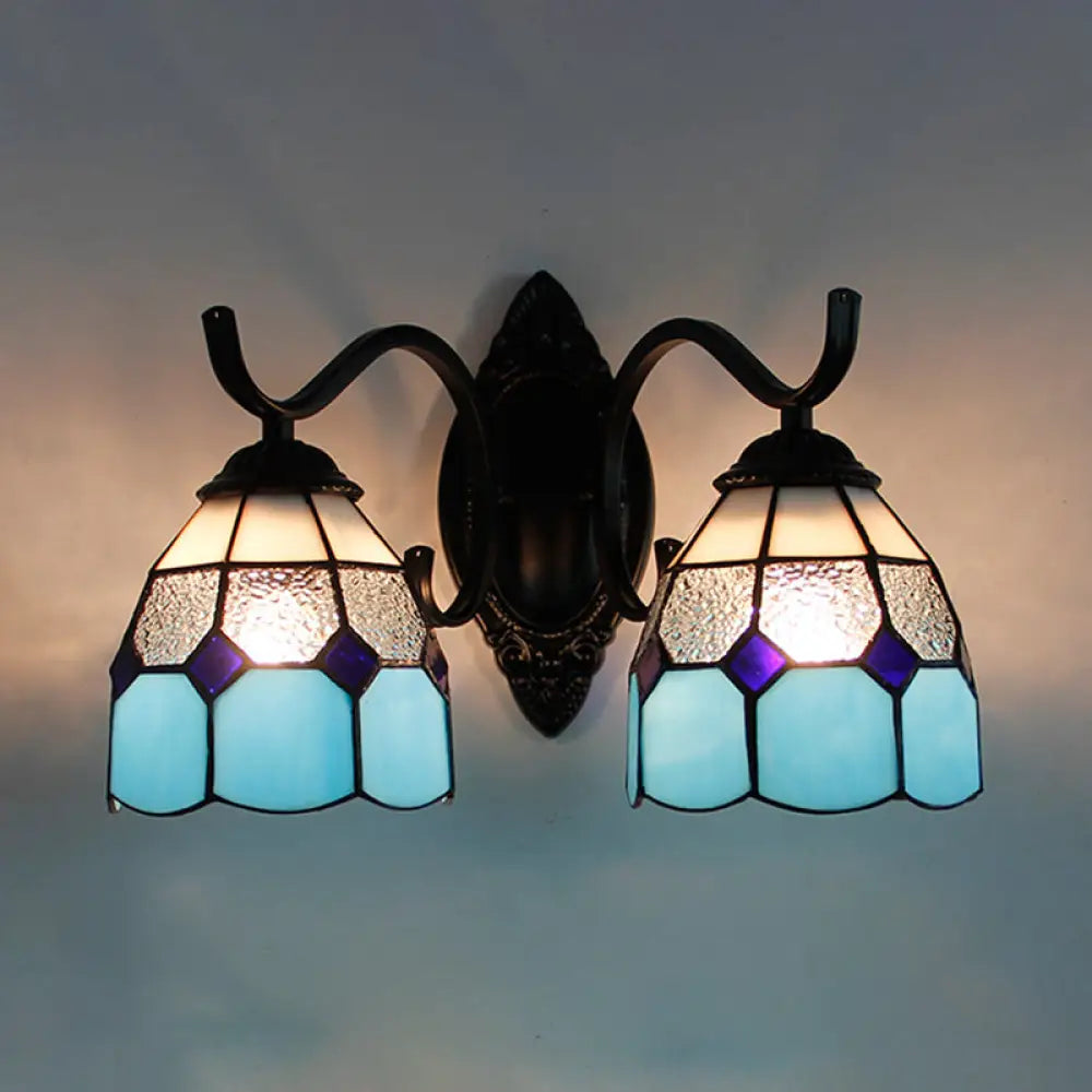 Retro Tiffany Stained Glass Wall Lamp - 2-Head Bedroom Mount Light In Blue/Orange