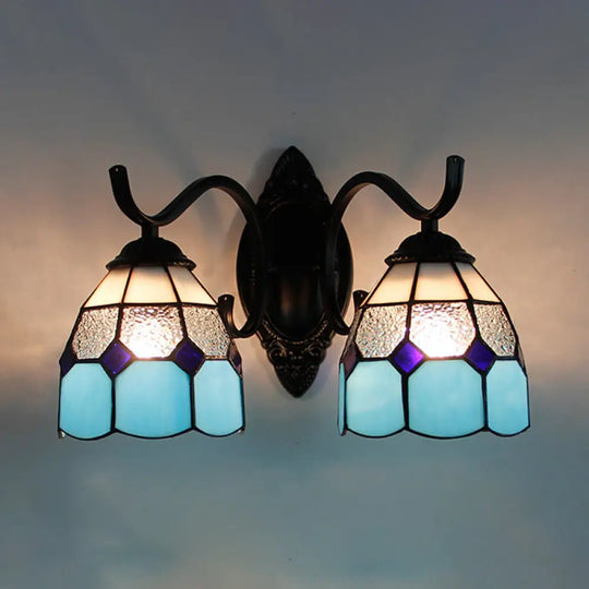 Retro Tiffany Stained Glass Wall Lamp - 2-Head Bedroom Mount Light In Blue/Orange