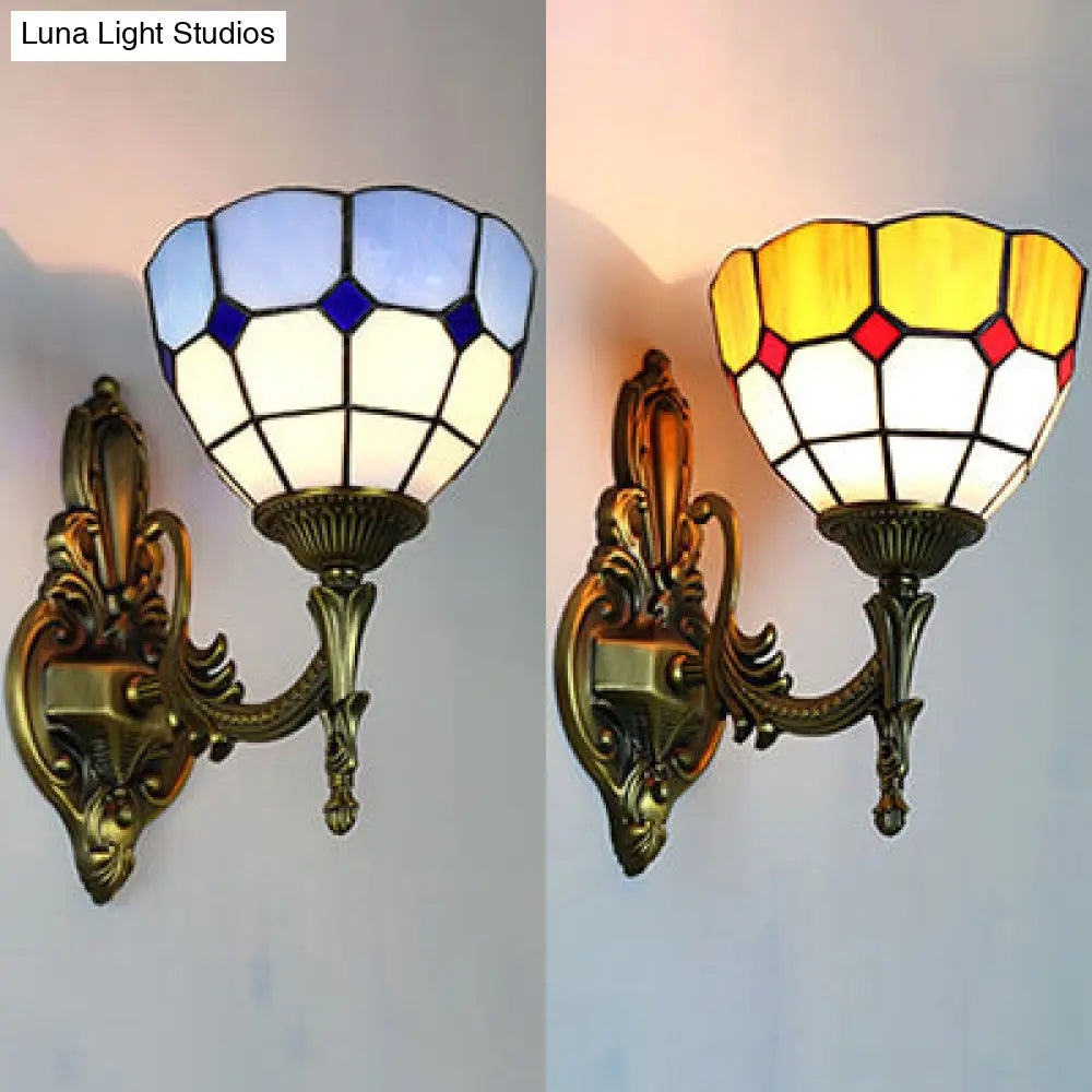 Retro Tiffany Stained Glass Wall Sconce With 1 Light -Yellow/Blue For Corridor