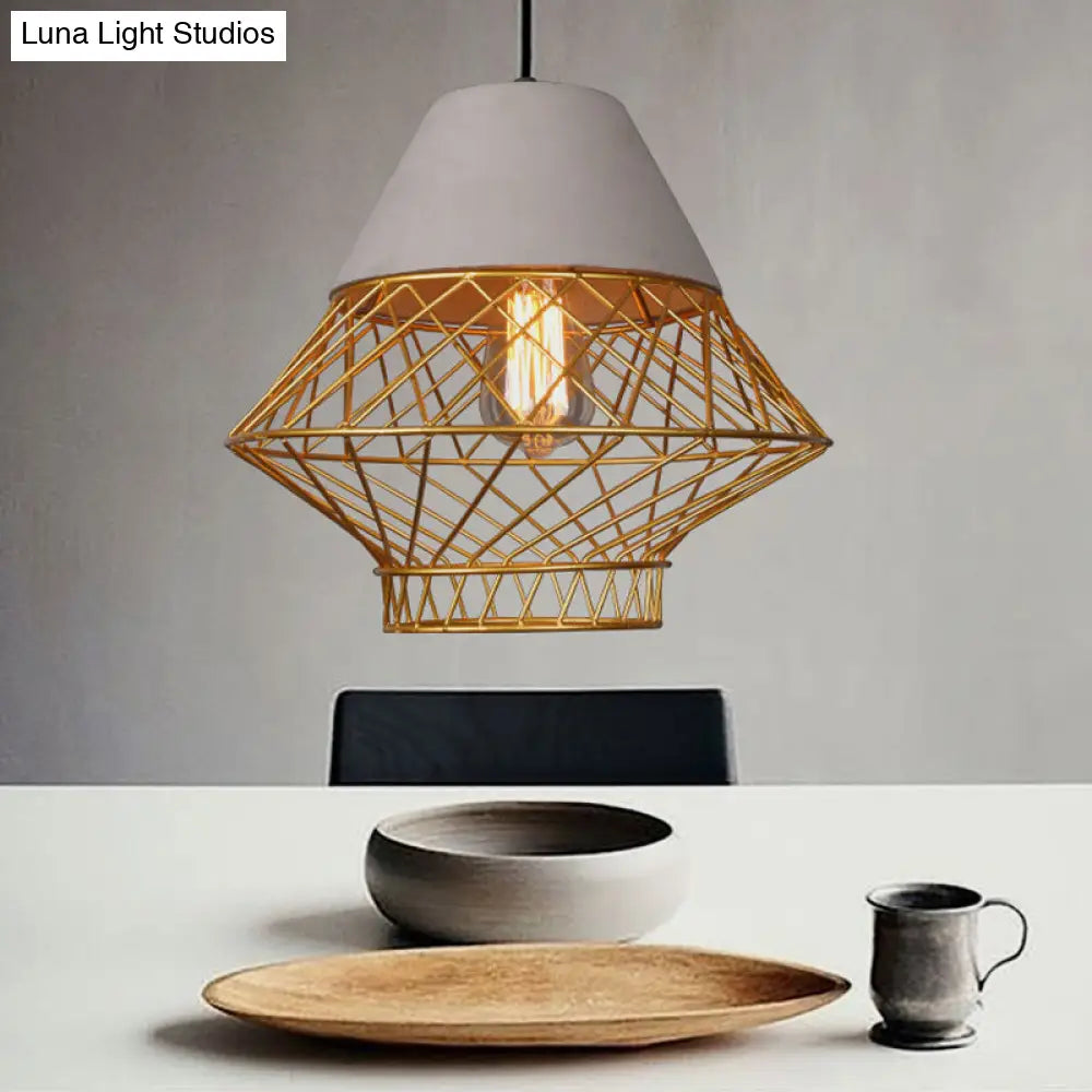 Retro Urban Wire Cage Pendant Light With Cement Top - Restaurant Hanging Lamp