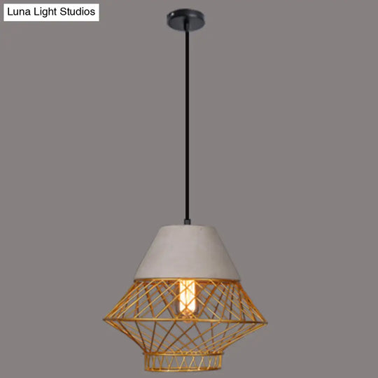 Urban Retro Wire Cage Pendant Lighting With Cement Top - Restaurant Hanging Lamp 1-Light Gold