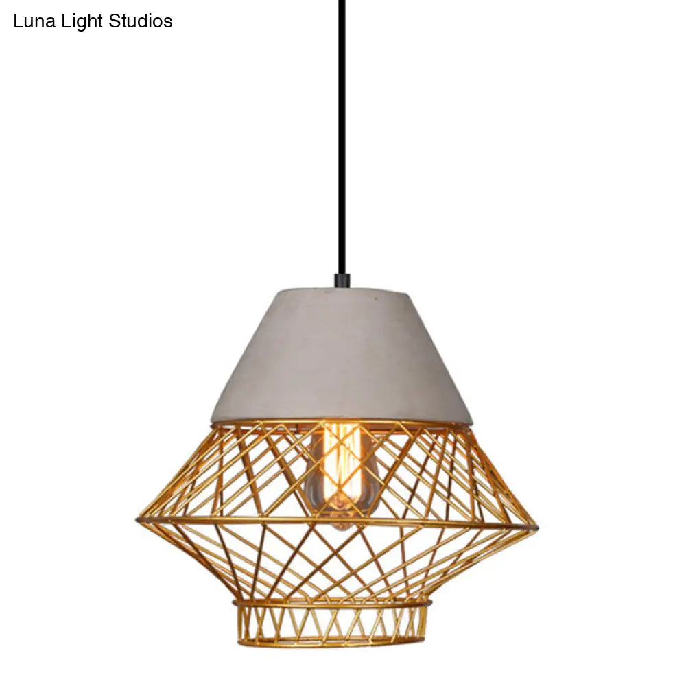 Urban Retro Wire Cage Pendant Lighting With Cement Top - Restaurant Hanging Lamp 1-Light