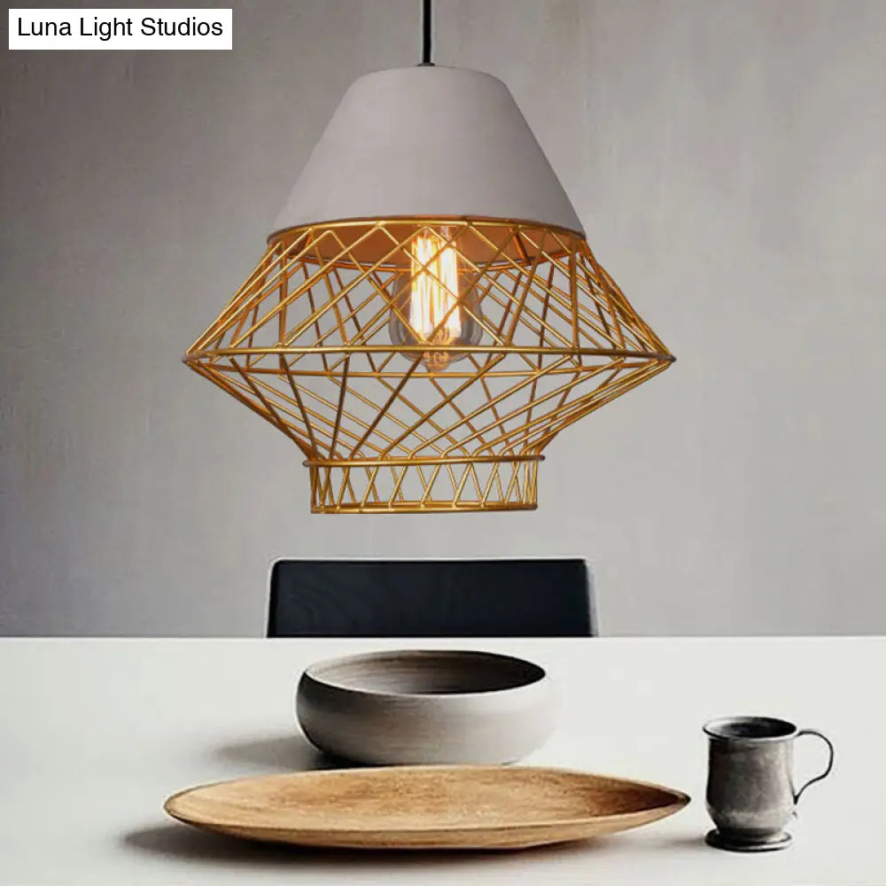 Urban Retro Wire Cage Pendant Lighting With Cement Top - Restaurant Hanging Lamp 1-Light