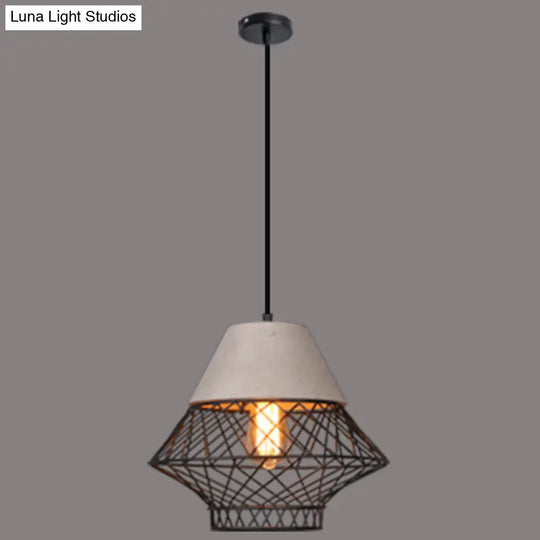 Urban Retro Wire Cage Pendant Lighting With Cement Top - Restaurant Hanging Lamp 1-Light Black