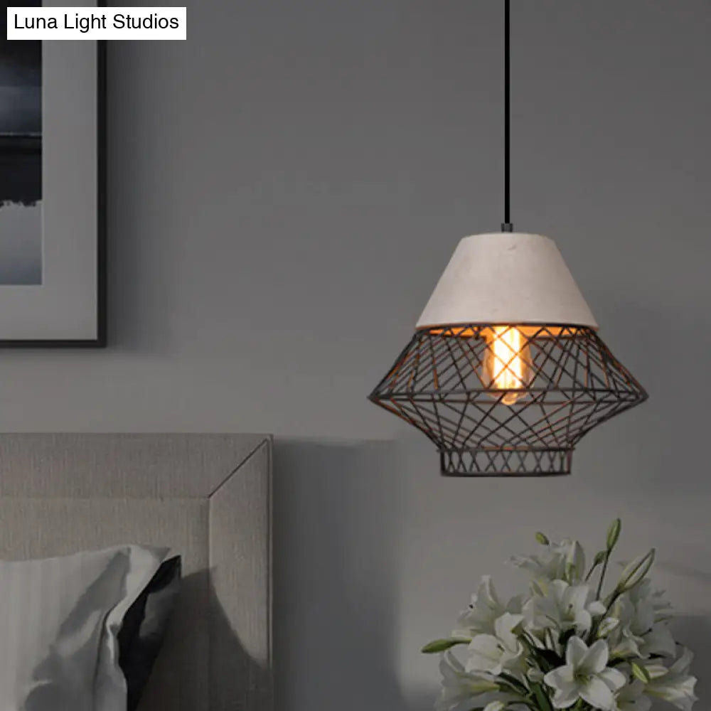 Urban Retro Wire Cage Pendant Lighting With Cement Top - Restaurant Hanging Lamp 1-Light