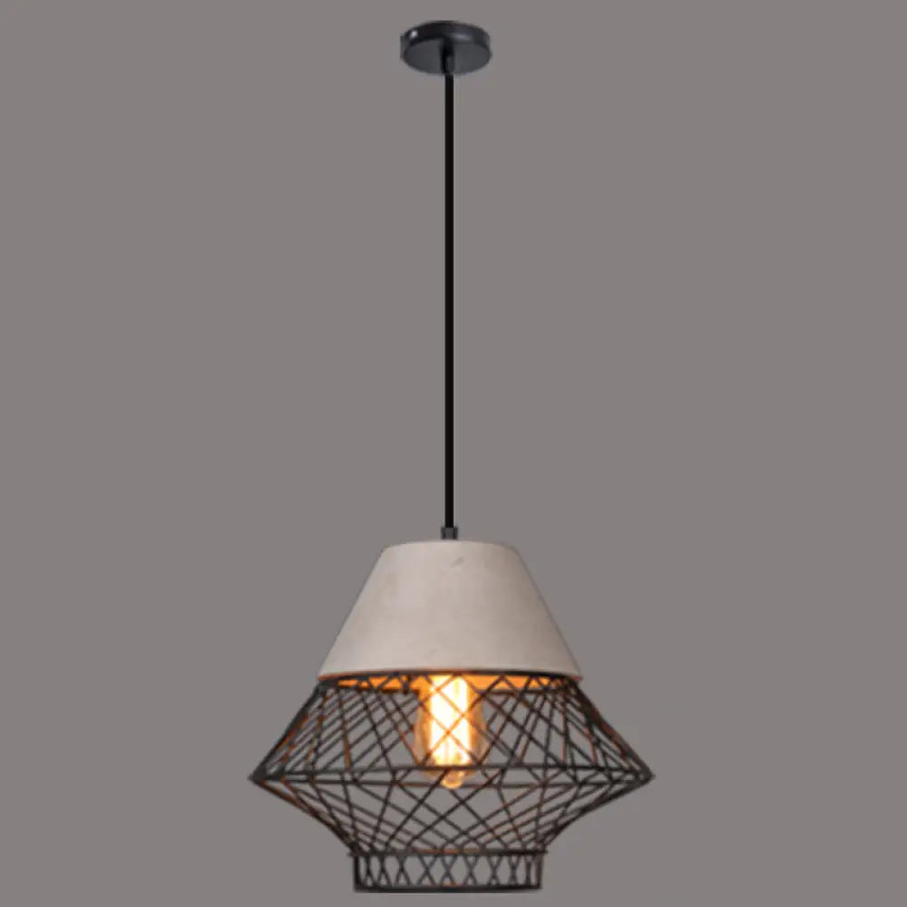 Retro Urban Wire Cage Pendant Light With Cement Top - Restaurant Hanging Lamp Black