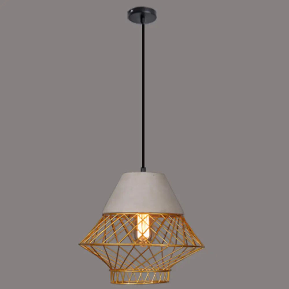 Retro Urban Wire Cage Pendant Light With Cement Top - Restaurant Hanging Lamp Gold