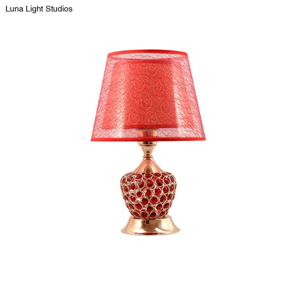 Retro Urn Crystal Nightstand Lamp With Dual Empire Shade In Red/Gold - 1 Light Table Lighting