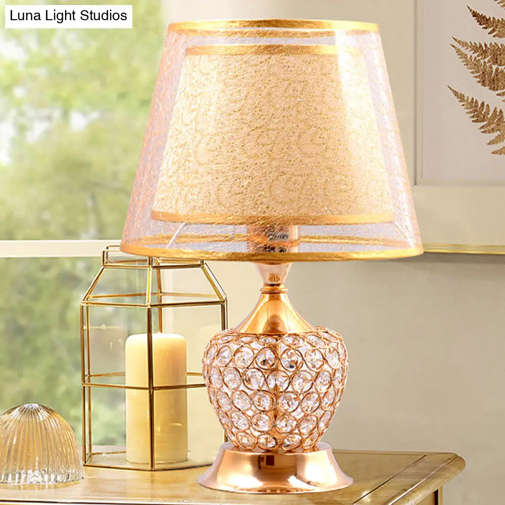 Retro Urn Crystal Nightstand Lamp With Dual Empire Shade In Red/Gold - 1 Light Table Lighting