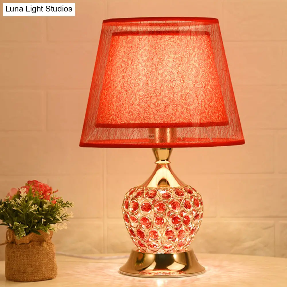 Retro Urn Crystal Nightstand Lamp With Dual Empire Shade In Red/Gold - 1 Light Table Lighting