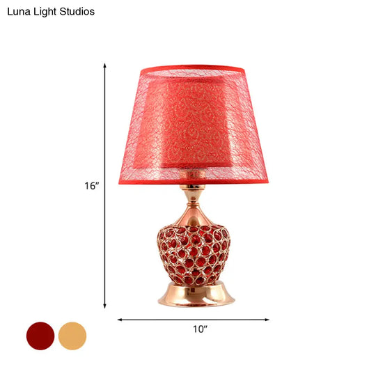 Retro Urn Crystal Nightstand Lamp With Dual Empire Shade In Red/Gold - 1 Light Table Lighting