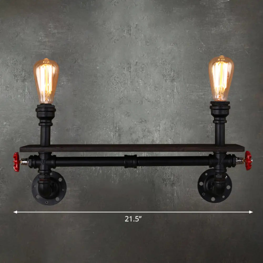 Retro Water Pipe Wall Light With 2 Heads And Iron Shelf Black Finish - Ideal For Living Rooms