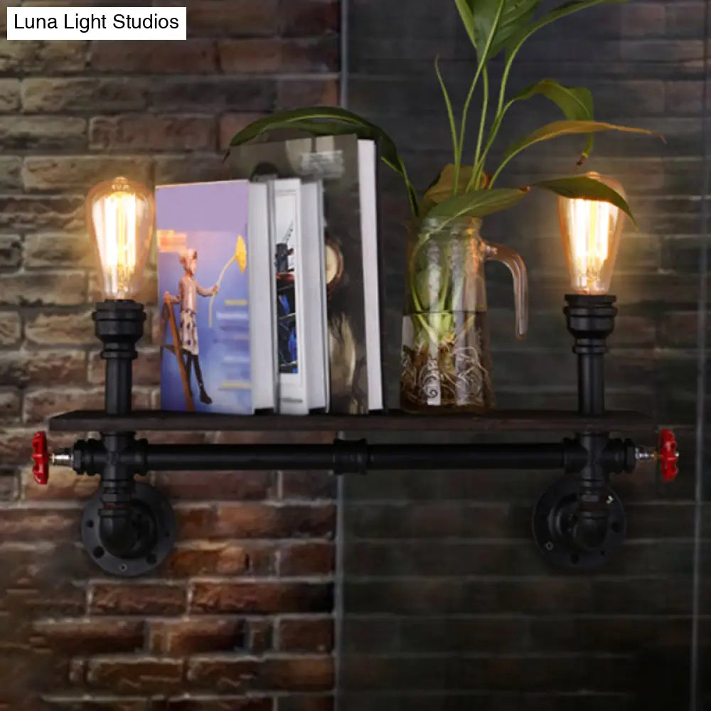 Retro Water Pipe Wall Light With 2 Heads And Iron Shelf Black Finish - Ideal For Living Rooms