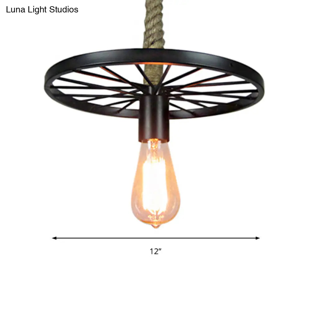 Retro Wheel Pendant Light: Black Metallic Ceiling Fixture With Bare Bulb For Restaurant