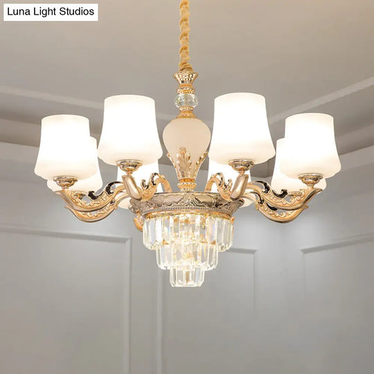 Retro White Glass Chandelier Pendant Light For Living Room With Tapered Shade