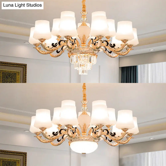 Retro White Glass Chandelier Pendant Light For Living Room With Tapered Shade