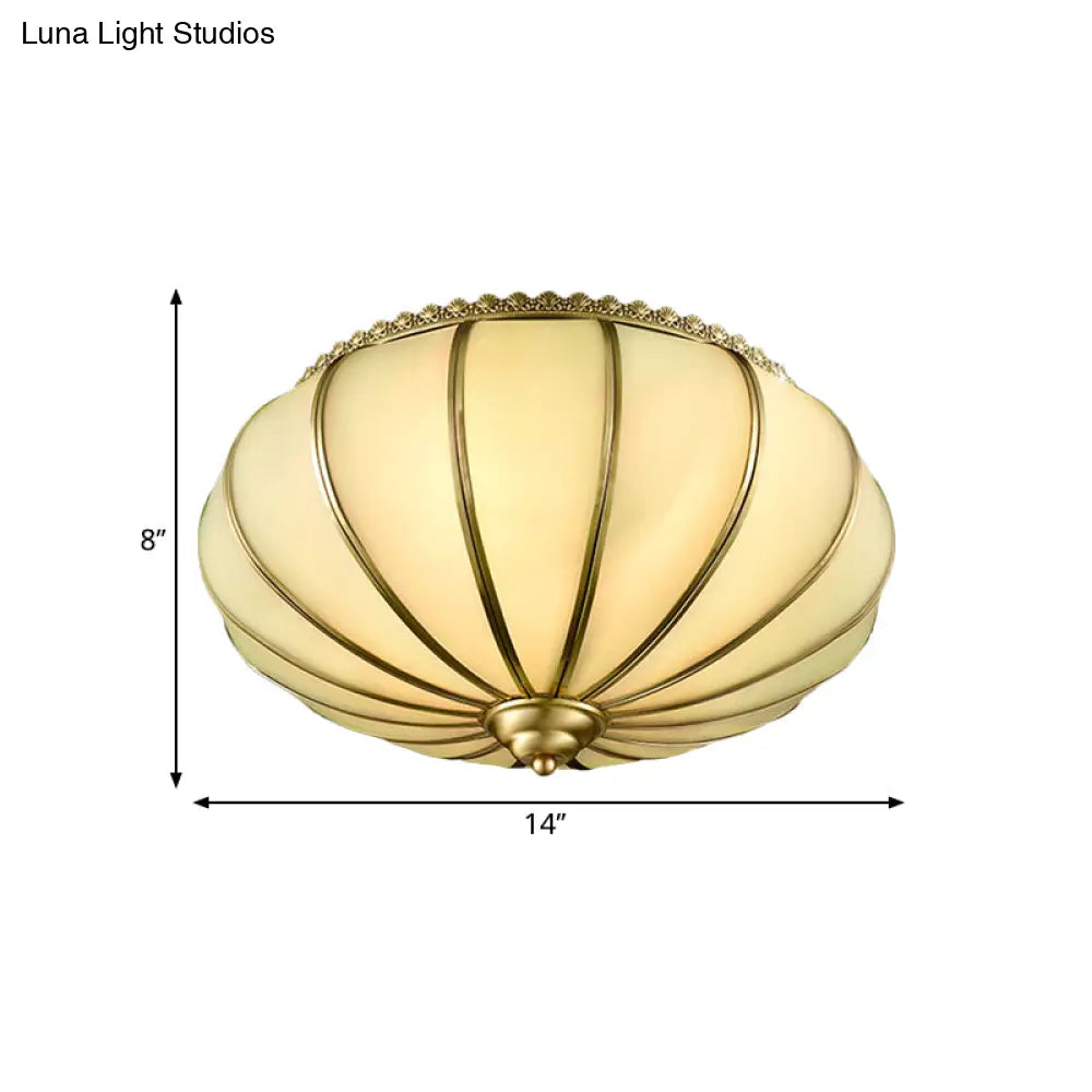 Retro White Glass Sphere Flush Mount Ceiling Light Fixture - 3 Brass Heads Ideal For Bedroom 14/18
