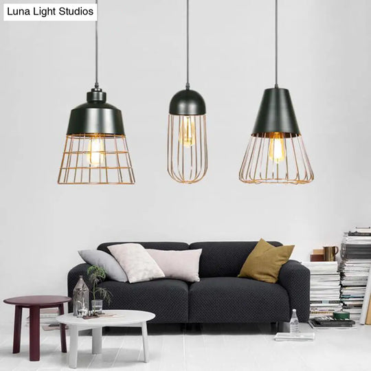 Wire Cage Hanging Light With Cone/Oval/Barrel Shade - Retro Style Pendant Lamp 1 Black/White Ideal