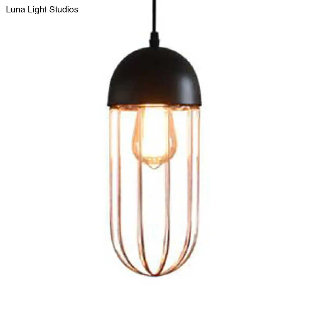 Wire Cage Hanging Light With Cone/Oval/Barrel Shade - Retro Style Pendant Lamp 1 Black/White Ideal