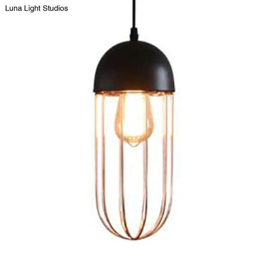 Wire Cage Hanging Light With Cone/Oval/Barrel Shade - Retro Style Pendant Lamp 1 Black/White Ideal