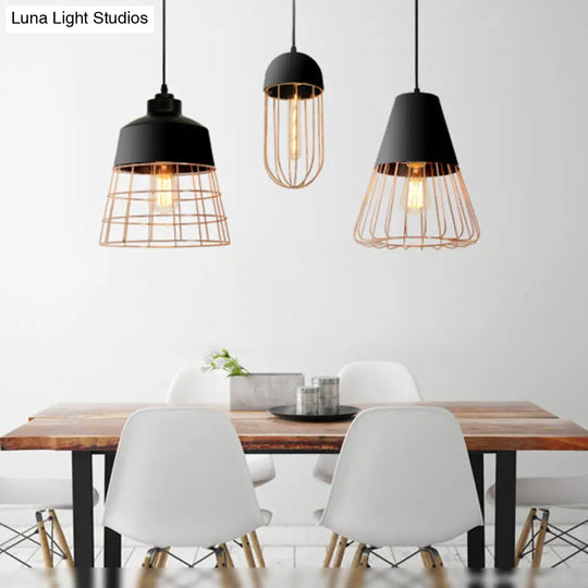 Wire Cage Hanging Light With Cone/Oval/Barrel Shade - Retro Style Pendant Lamp 1 Black/White Ideal