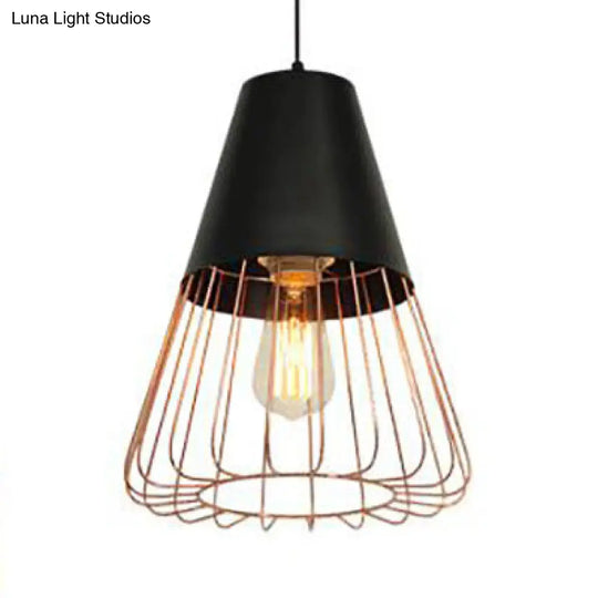 Wire Cage Hanging Light With Cone/Oval/Barrel Shade - Retro Style Pendant Lamp 1 Black/White Ideal