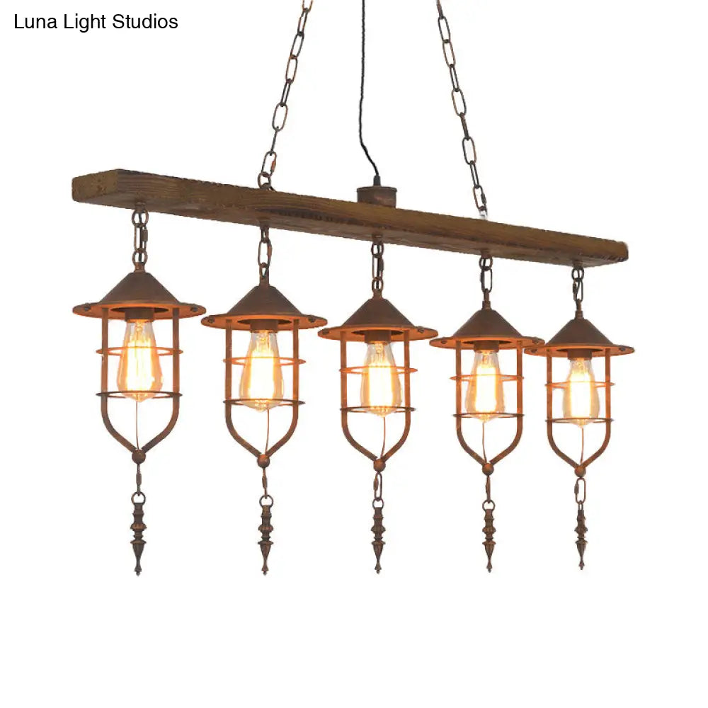 Retro Wood Island Ceiling Light: 5-Light Fixture With Iron Cage