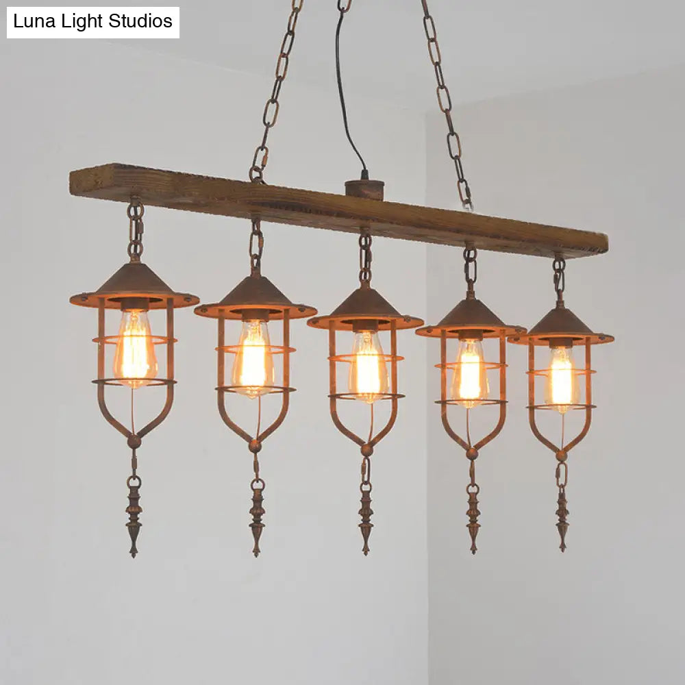 Retro Wood Island Ceiling Light: 5-Light Fixture With Iron Cage