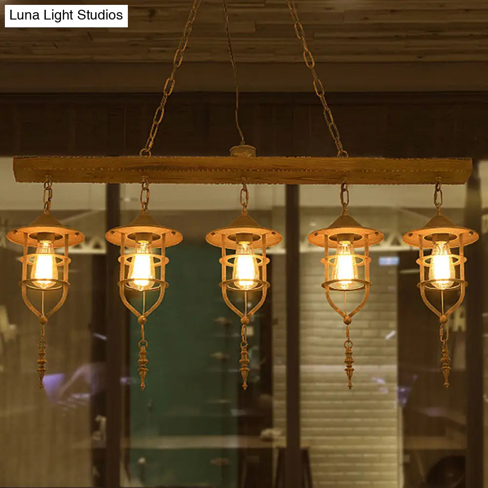 Retro Wood Island Ceiling Light: 5-Light Fixture With Iron Cage