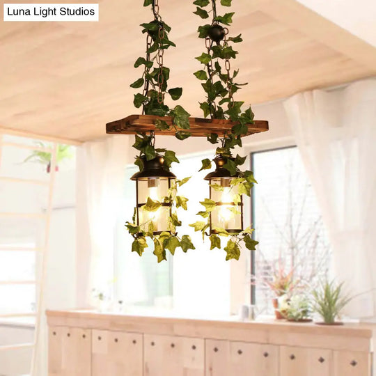 Retro Wooden Lantern 2/3 Head Island Ceiling Light With Led Drop Lamp Pink/Green Plant/Flower Decor