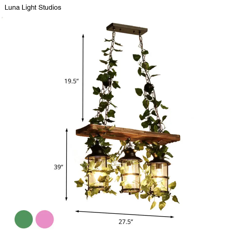 Retro Wooden Lantern 2/3 Head Island Ceiling Light With Led Drop Lamp Pink/Green Plant/Flower Decor