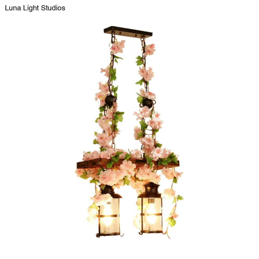 Retro Wooden Lantern 2/3 Head Island Ceiling Light With Led Drop Lamp Pink/Green Plant/Flower Decor