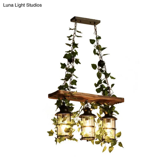 Retro Wooden Lantern 2/3 Head Island Ceiling Light With Led Drop Lamp Pink/Green Plant/Flower Decor