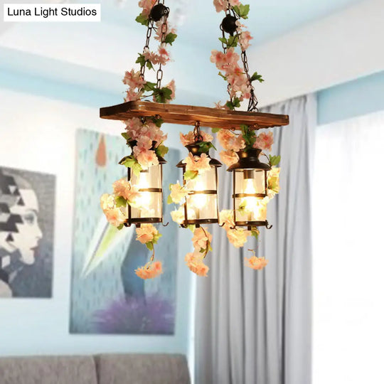 Retro Wooden Lantern 2/3 Head Island Ceiling Light With Led Drop Lamp Pink/Green Plant/Flower Decor