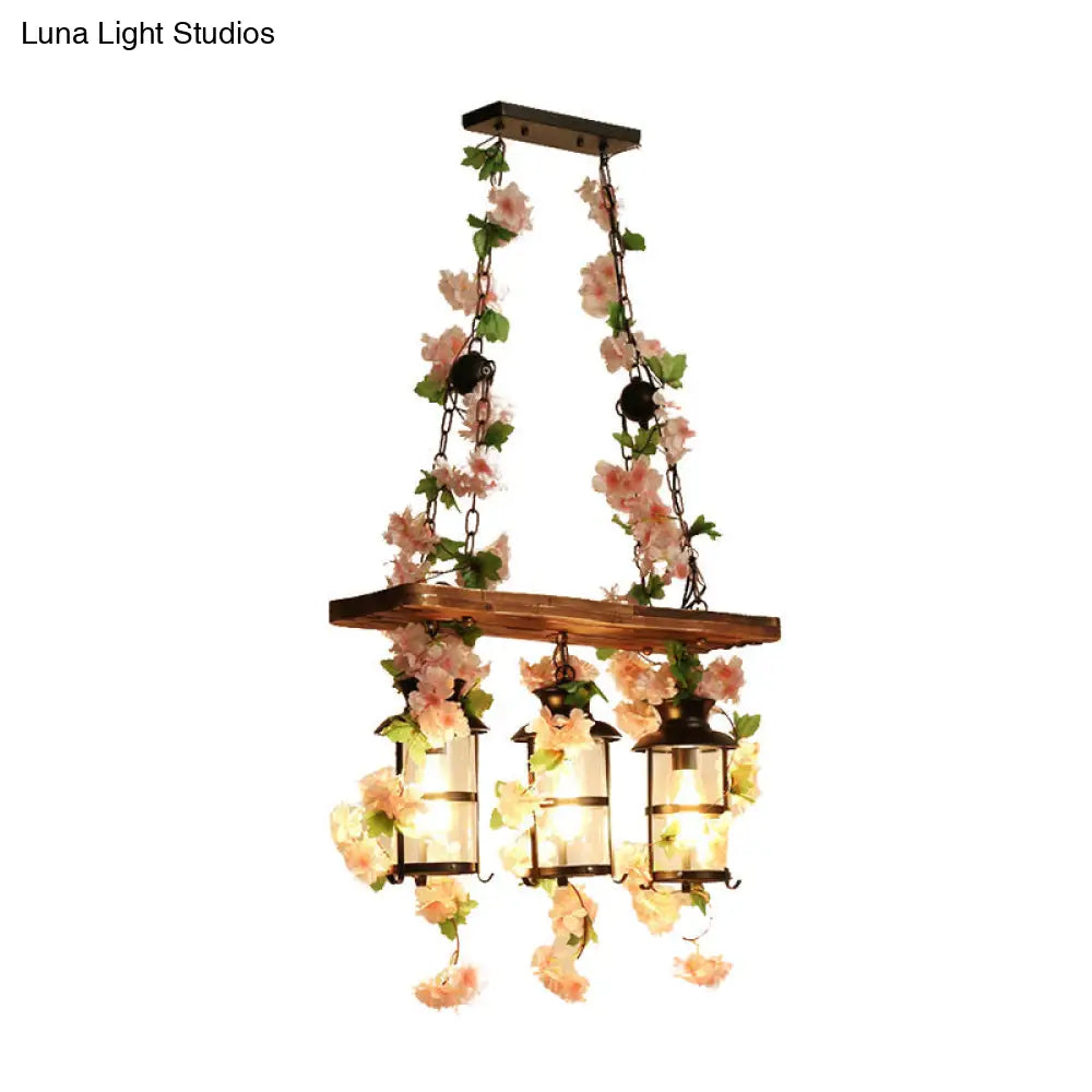 Retro Wooden Lantern 2/3 Head Island Ceiling Light With Led Drop Lamp Pink/Green Plant/Flower Decor