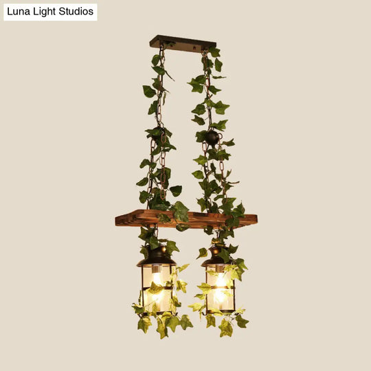 Retro Wooden Lantern 2/3 Head Island Ceiling Light With Led Drop Lamp Pink/Green Plant/Flower Decor