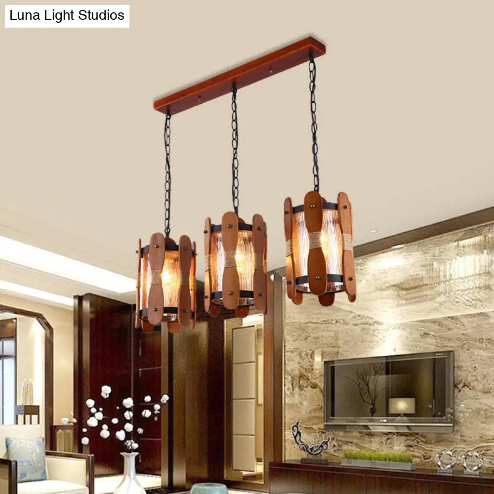 Yellow Water Glass Cluster Pendant - Retro 3 Head Dining Room Hanging Light Kit In Brown With Wood