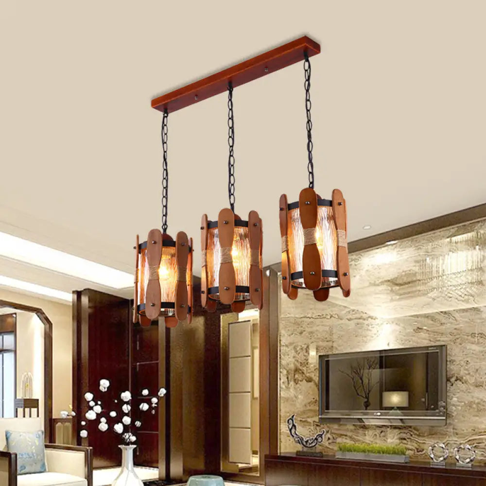 Retro Yellow Water Glass Pendant Light With Wood Panel Design - 3 Heads Cluster Brown Dining Room