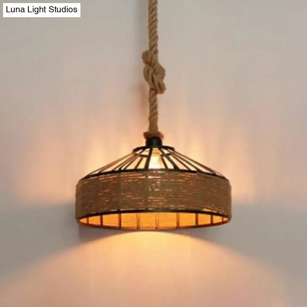 Retro Yurt Suspension Lighting: 1-Head Pendant Ceiling Light In Brown - Vintage Style With Hemp Rope