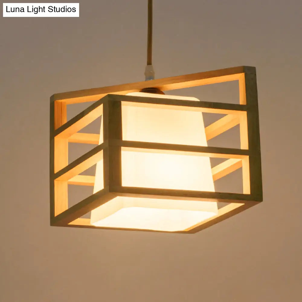 Rhombus Cage Pendant Asian Ceiling Light With Glass Lamp Shade - Kitchen Dinette Wood Hanging