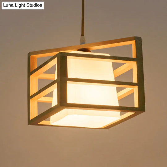 Rhombus Cage Pendant Asian Ceiling Light With Glass Lamp Shade - Kitchen Dinette Wood Hanging