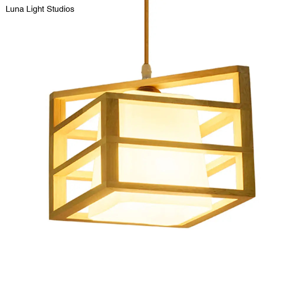 Rhombus Cage Pendant Asian Ceiling Light With Glass Lamp Shade - Kitchen Dinette Wood Hanging